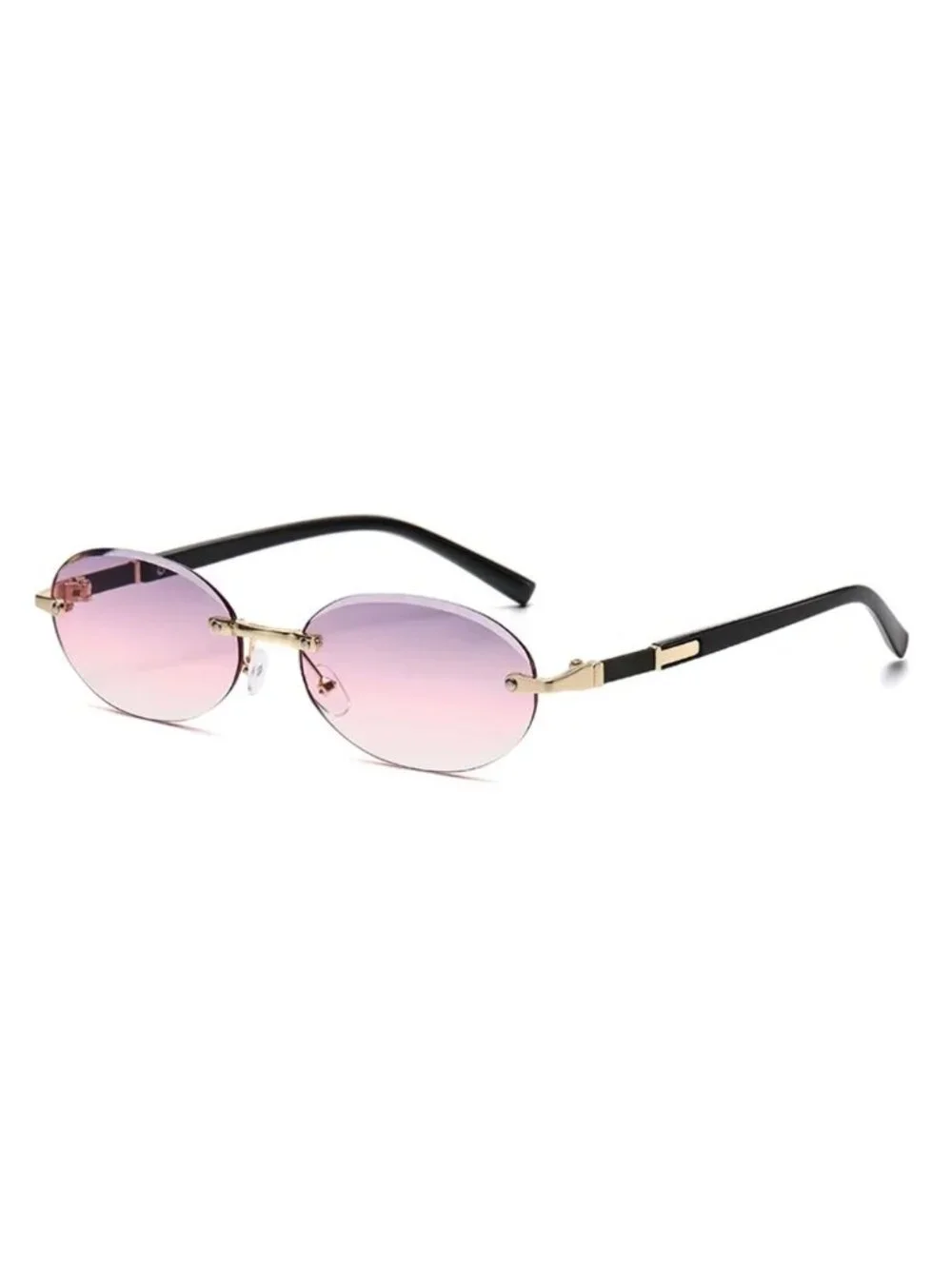 Oval Rimless Pink Lens Sunglasses With Gold & Black Metal Frame